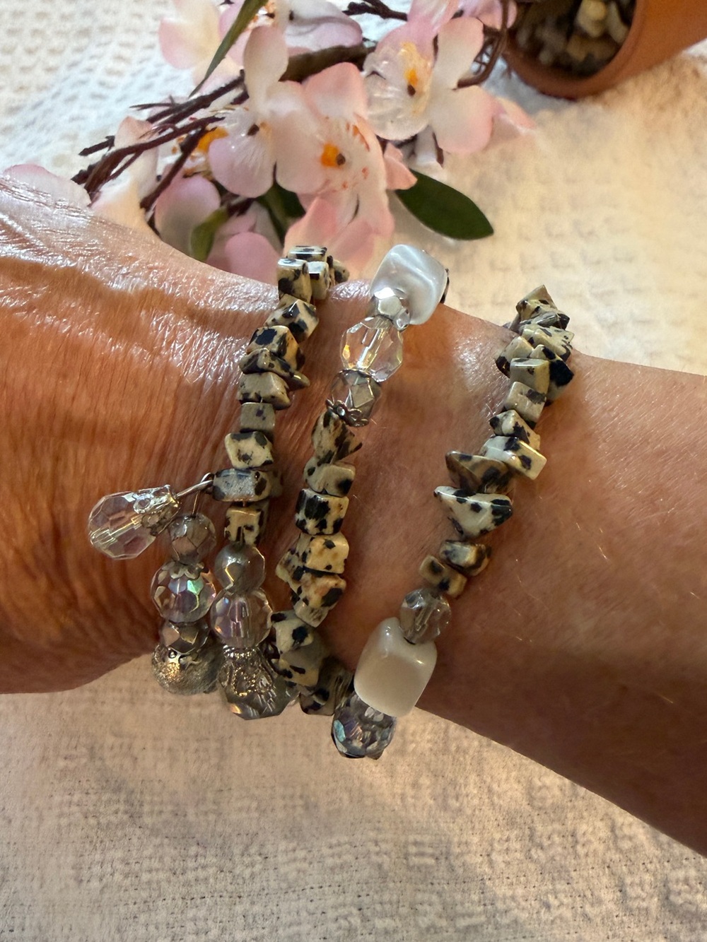 🐼 Dalmatian Jasper and Crystal Bead Spring Bracelet #0177